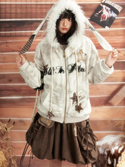 ALL iN plan Tie Dye Patchwork Star Print Faux Fur Hooded Loose Women&