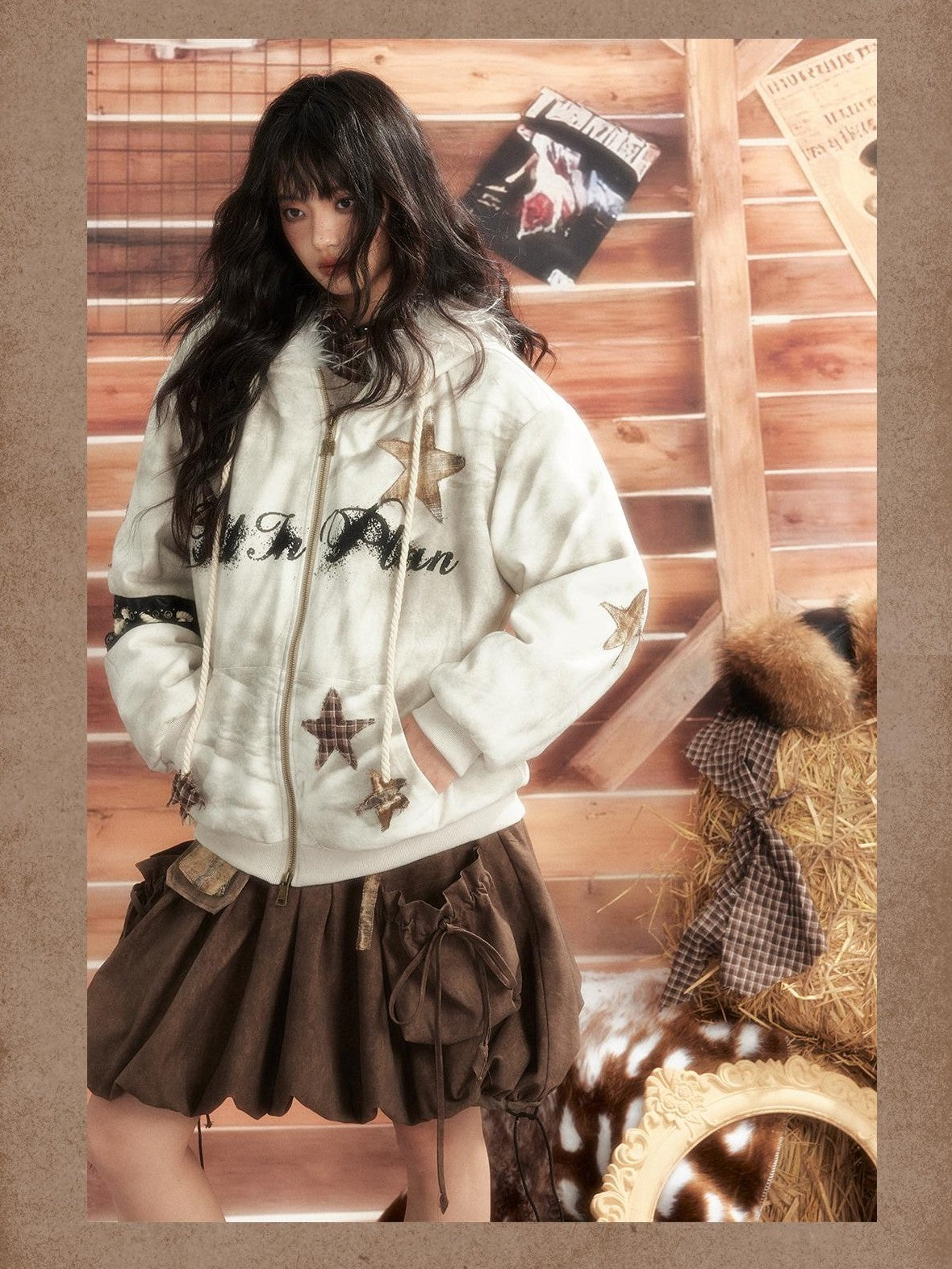ALL iN plan Tie Dye Patchwork Star Print Faux Fur Hooded Loose Women&