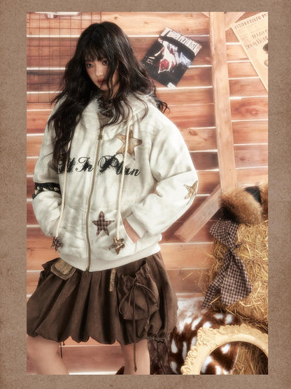 ALL iN plan Tie Dye Patchwork Star Print Faux Fur Hooded Loose Women&