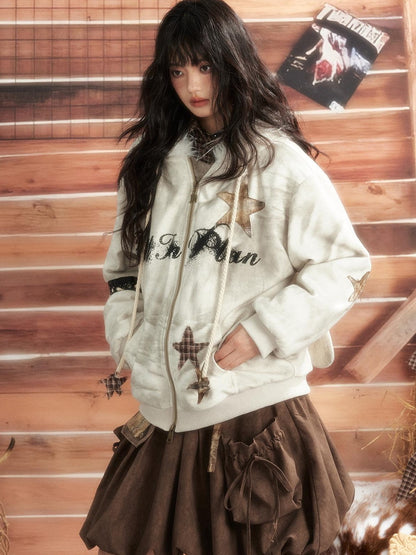 ALL iN plan Tie Dye Patchwork Star Print Faux Fur Hooded Loose Women&