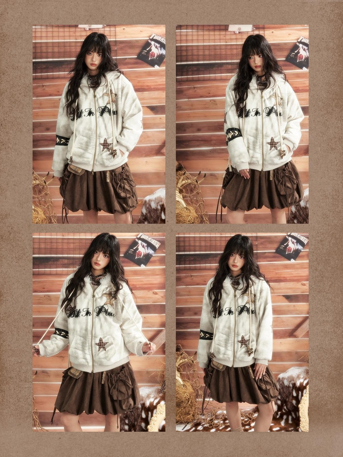 ALL iN plan Tie Dye Patchwork Star Print Faux Fur Hooded Loose Women&