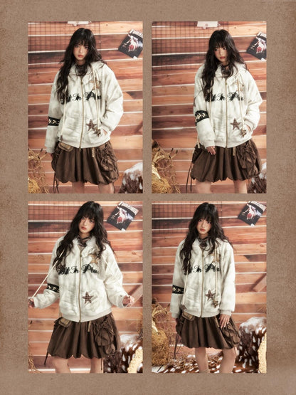 ALL iN plan Tie Dye Patchwork Star Print Faux Fur Hooded Loose Women&