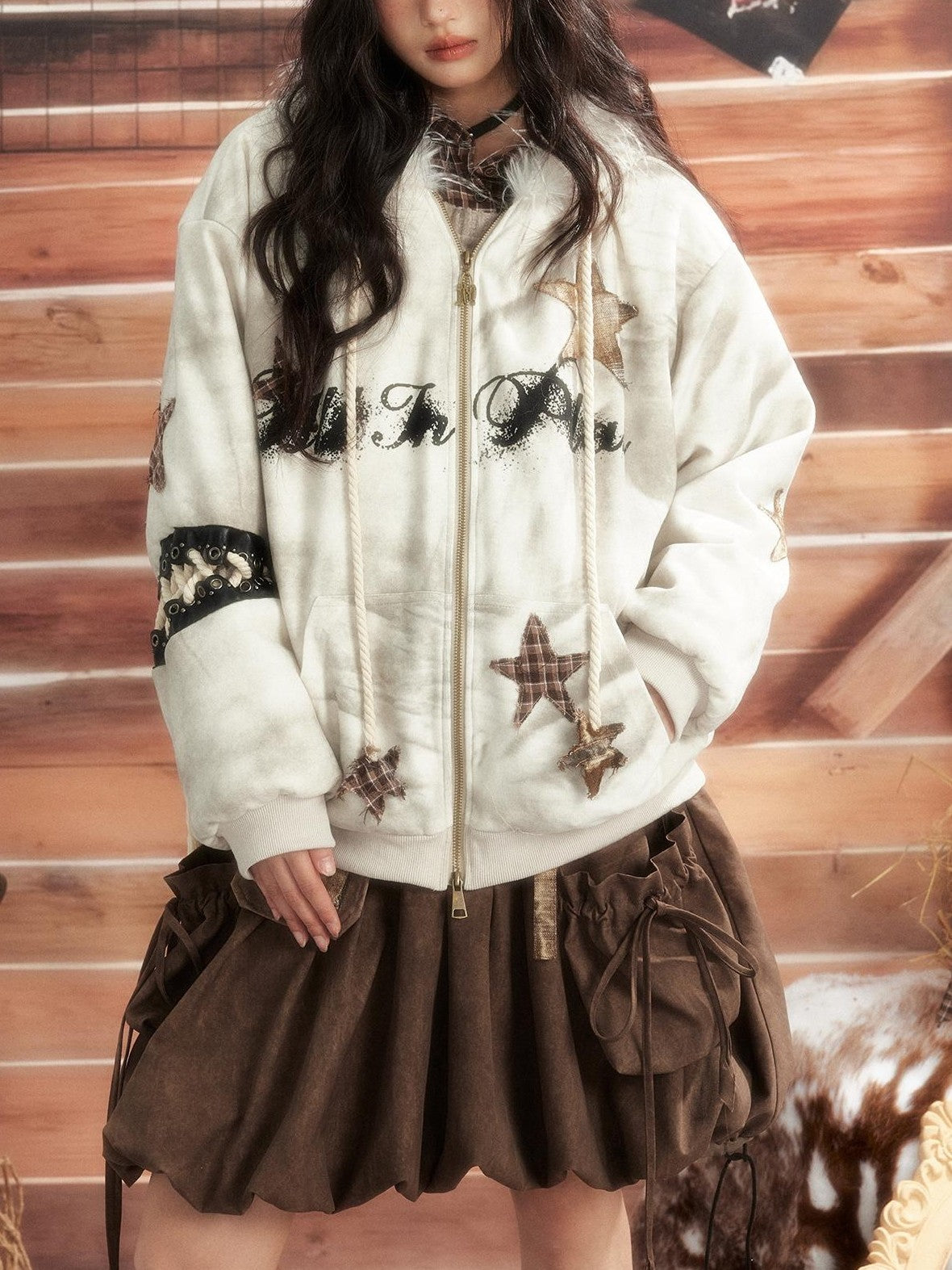 ALL iN plan Tie Dye Patchwork Star Print Faux Fur Hooded Loose Women&