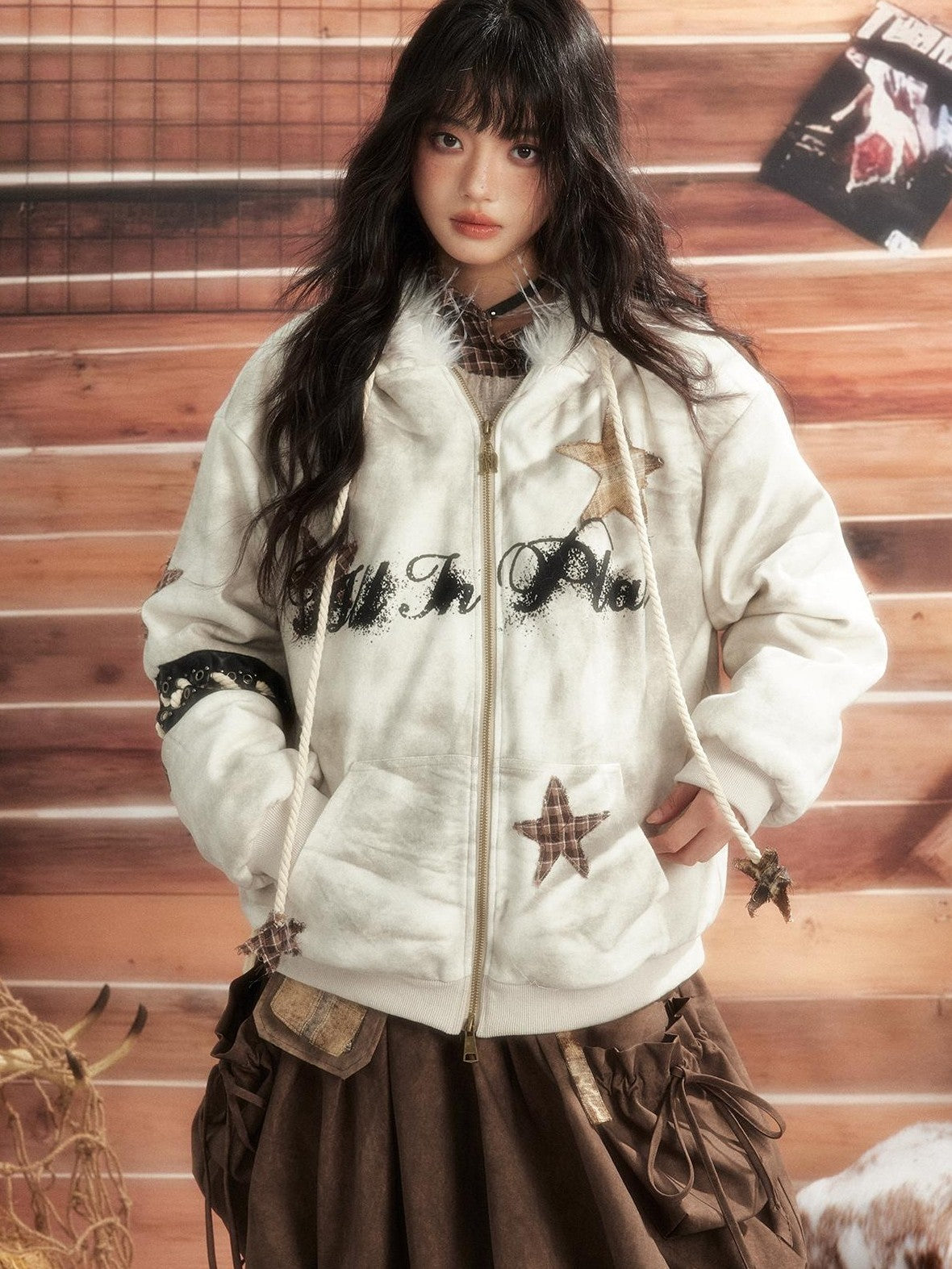 ALL iN plan Tie Dye Patchwork Star Print Faux Fur Hooded Loose Women&