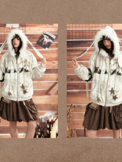 ALL iN plan Tie Dye Patchwork Star Print Faux Fur Hooded Loose Women&