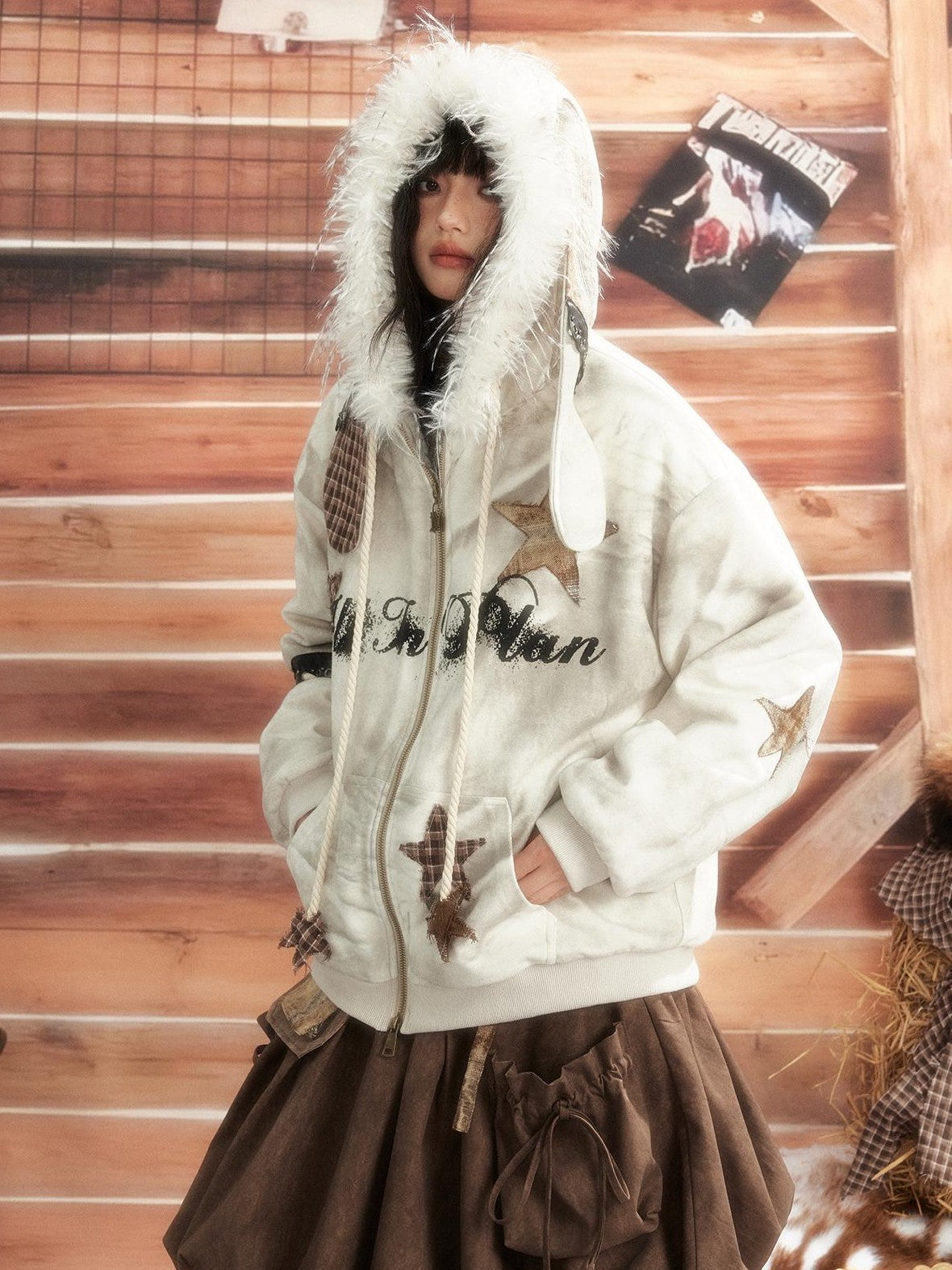 ALL iN plan Tie Dye Patchwork Star Print Faux Fur Hooded Loose Women&