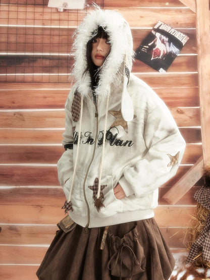 ALL iN plan Tie Dye Patchwork Star Print Faux Fur Hooded Loose Women&