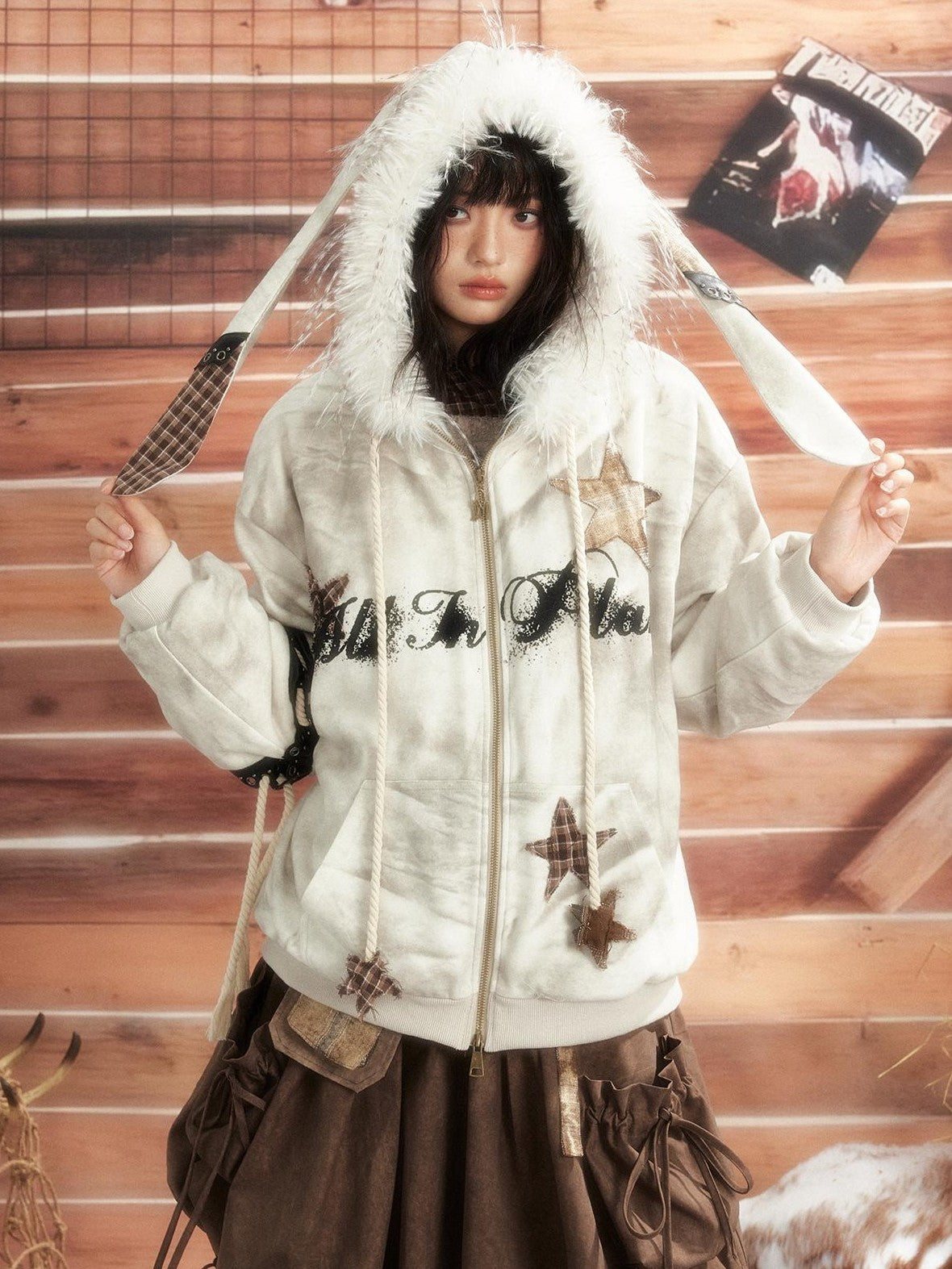 ALL iN plan Tie Dye Patchwork Star Print Faux Fur Hooded Loose Women&