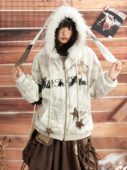 ALL iN plan Tie Dye Patchwork Star Print Faux Fur Hooded Loose Women&