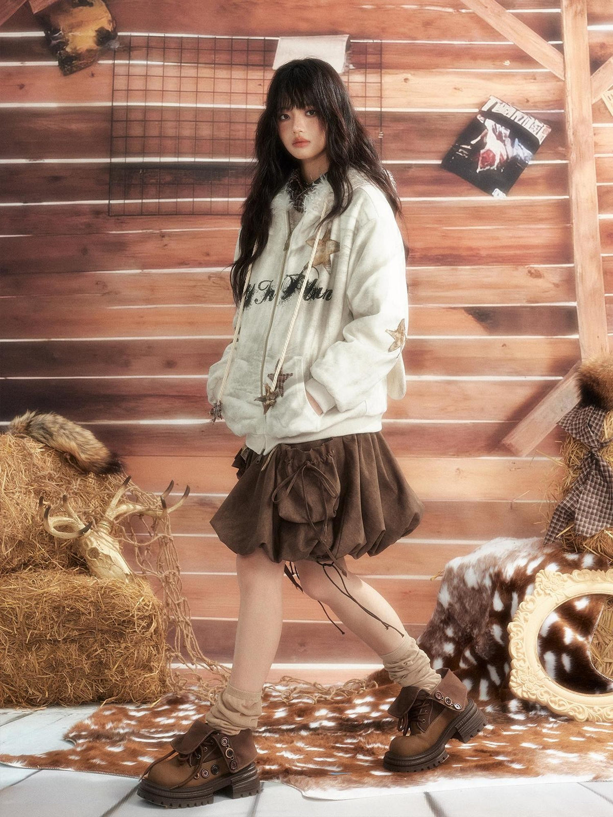 ALL iN plan Tie Dye Patchwork Star Print Faux Fur Hooded Loose Women&