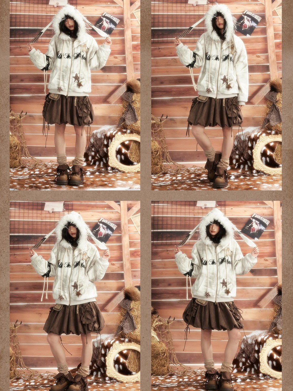 ALL iN plan Tie Dye Patchwork Star Print Faux Fur Hooded Loose Women&