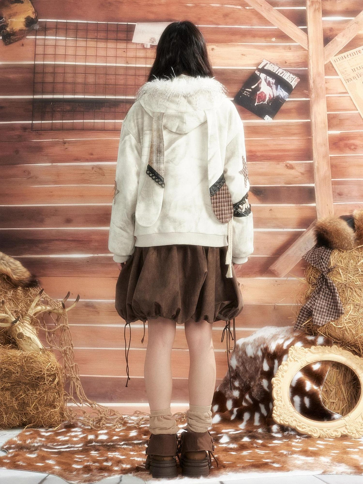 ALL iN plan Tie Dye Patchwork Star Print Faux Fur Hooded Loose Women&