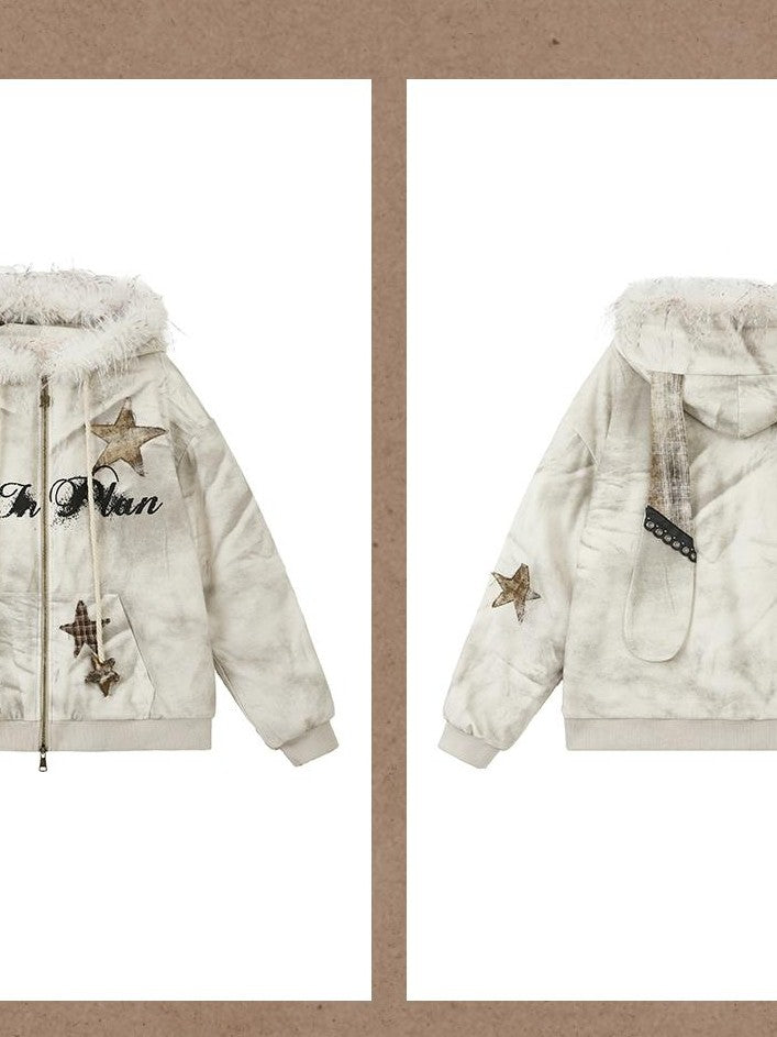 ALL iN plan Tie Dye Patchwork Star Print Faux Fur Hooded Loose Women&