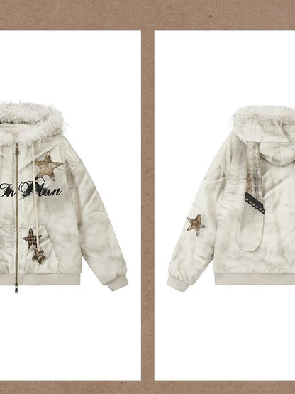 ALL iN plan Tie Dye Patchwork Star Print Faux Fur Hooded Loose Women&