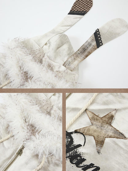 ALL iN plan Tie Dye Patchwork Star Print Faux Fur Hooded Loose Women&