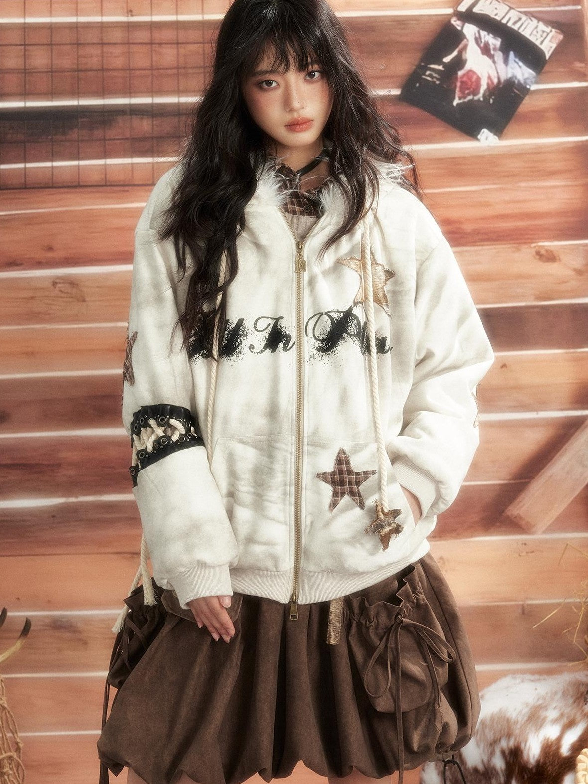 ALL iN plan Tie Dye Patchwork Star Print Faux Fur Hooded Loose Women&