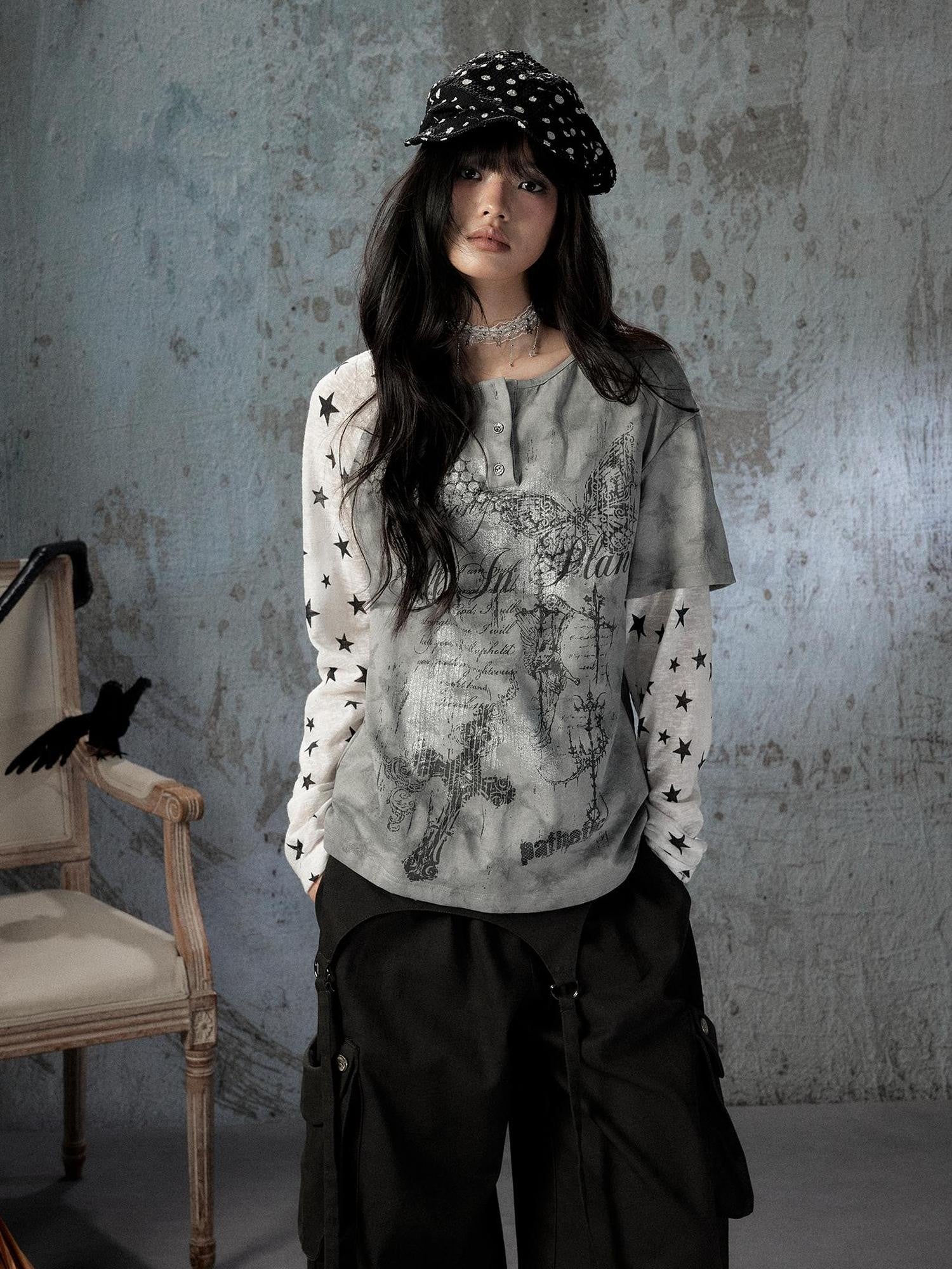ALL iN plan Tie Dye Printed Raglan Faux Layered Women&