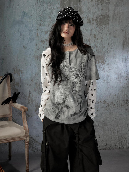 ALL iN plan Tie Dye Printed Raglan Faux Layered Women&