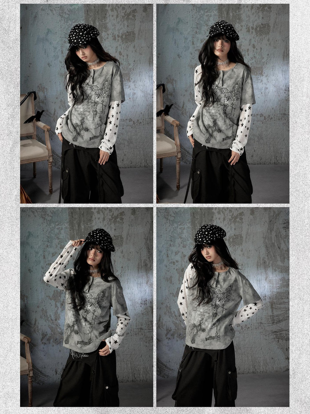 ALL iN plan Tie Dye Printed Raglan Faux Layered Women&