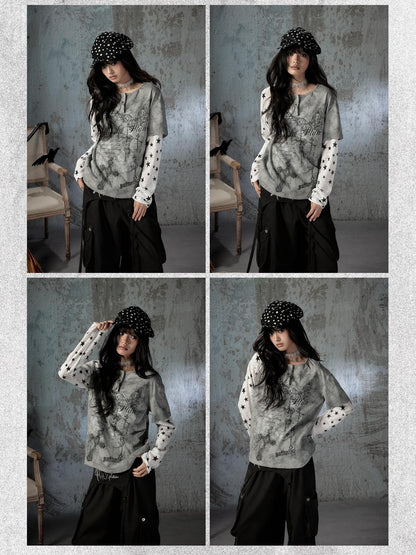 ALL iN plan Tie Dye Printed Raglan Faux Layered Women&