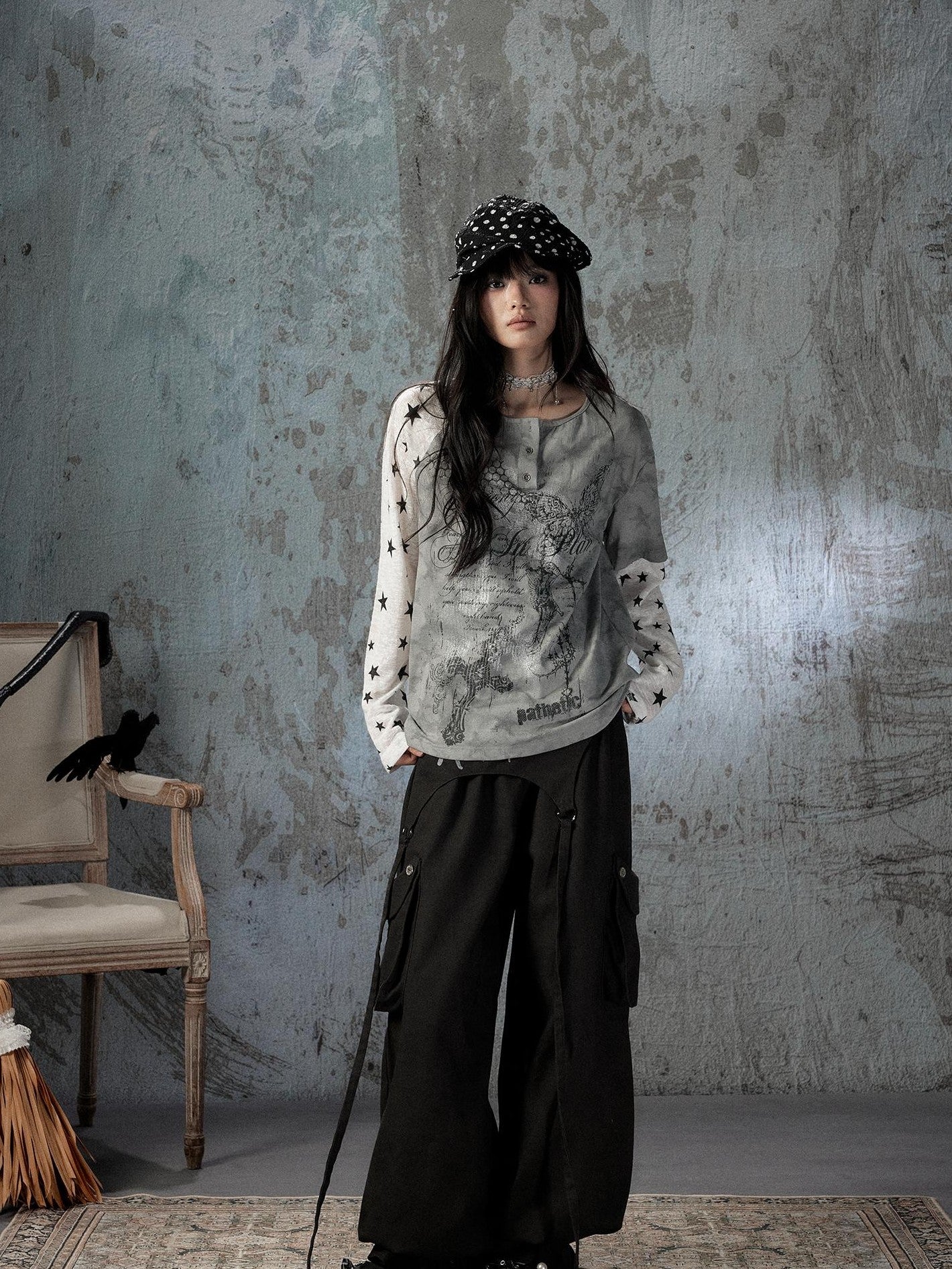 ALL iN plan Tie Dye Printed Raglan Faux Layered Women&