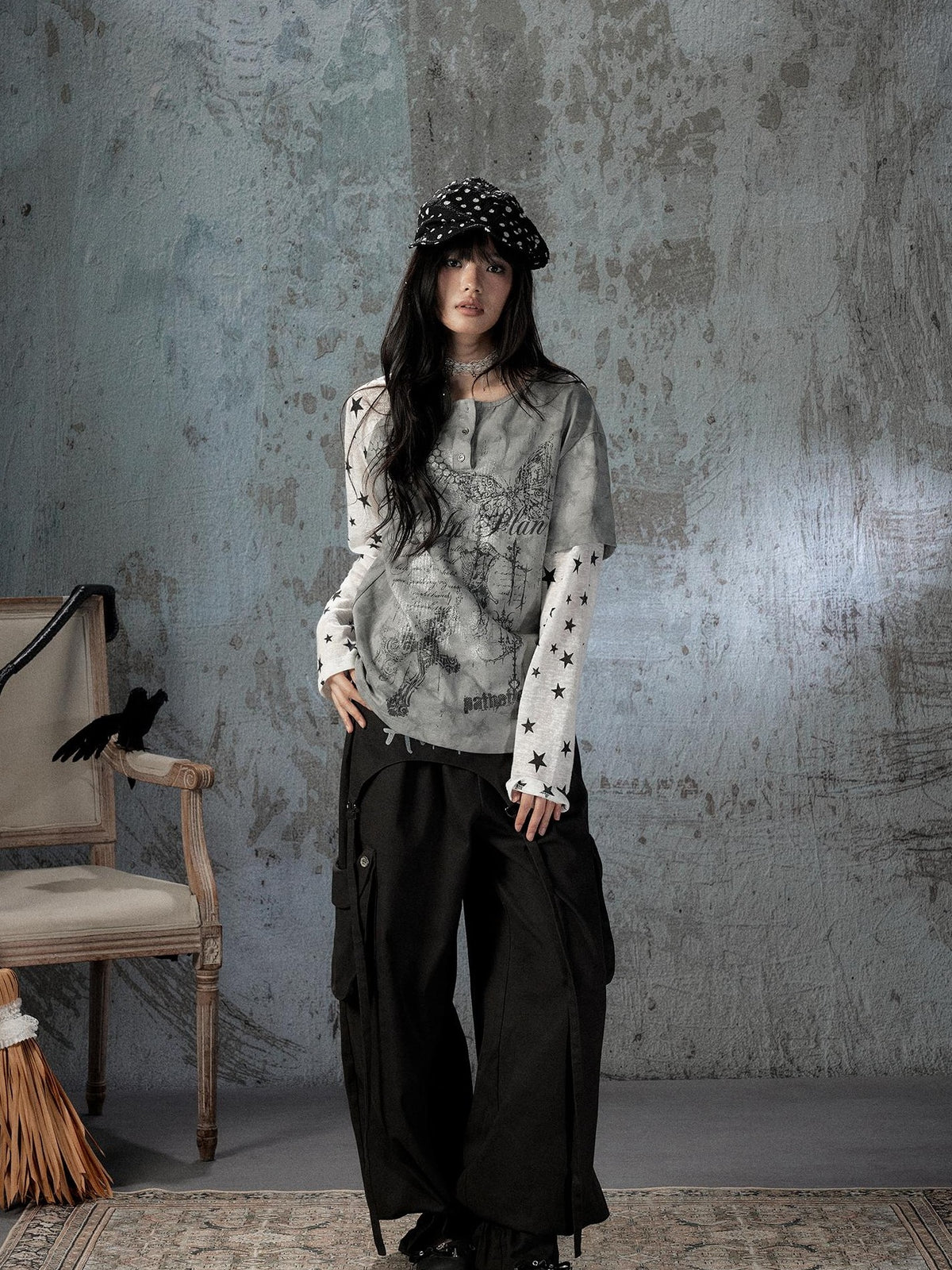 ALL iN plan Tie Dye Printed Raglan Faux Layered Women&