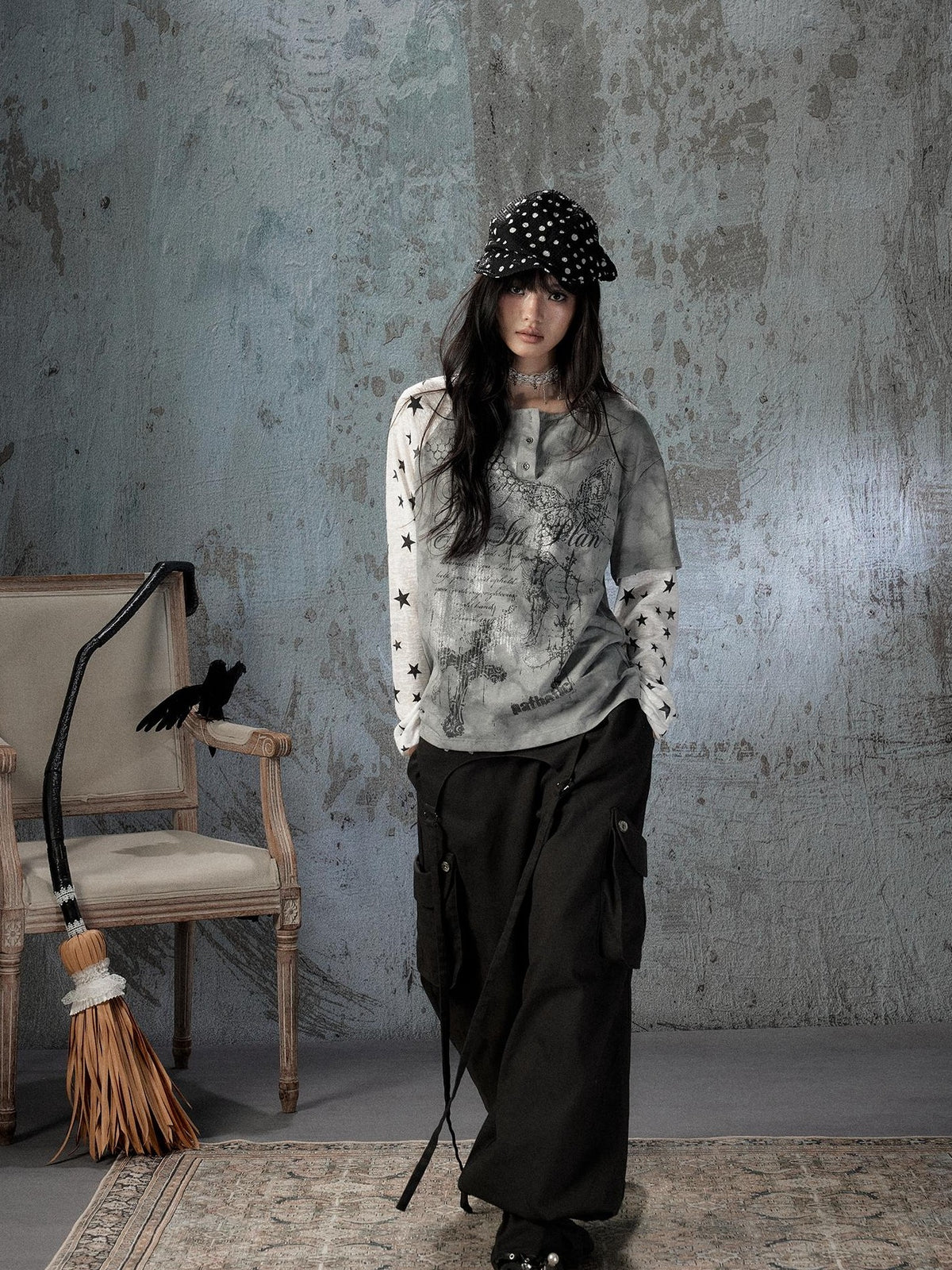ALL iN plan Tie Dye Printed Raglan Faux Layered Women&