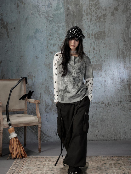 ALL iN plan Tie Dye Printed Raglan Faux Layered Women&
