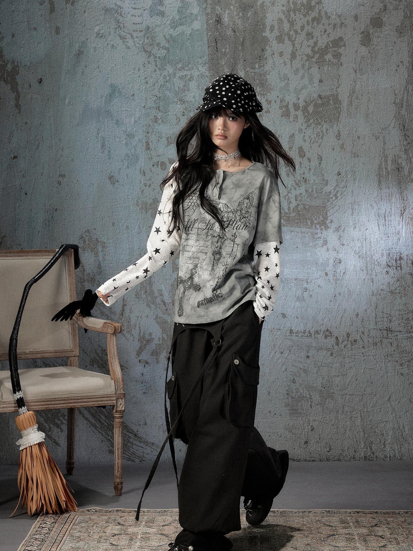 ALL iN plan Tie Dye Printed Raglan Faux Layered Women&