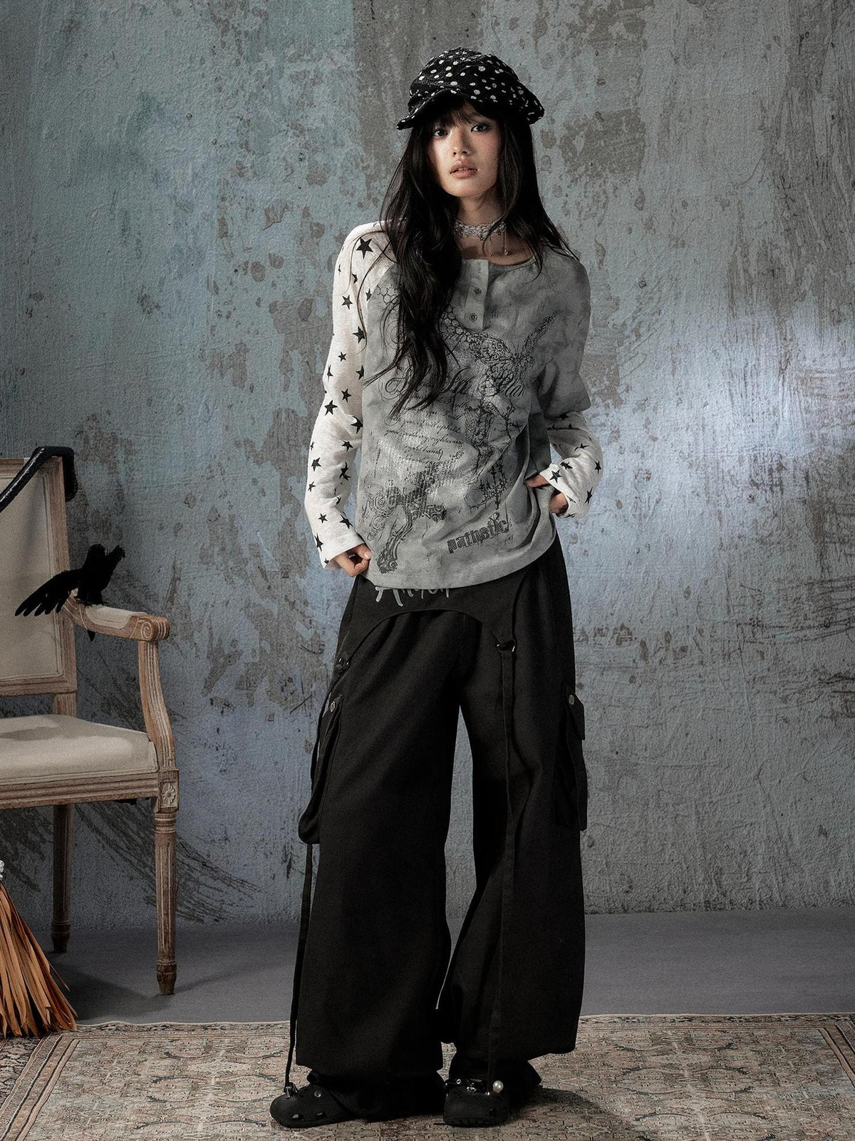 ALL iN plan Tie Dye Printed Raglan Faux Layered Women&