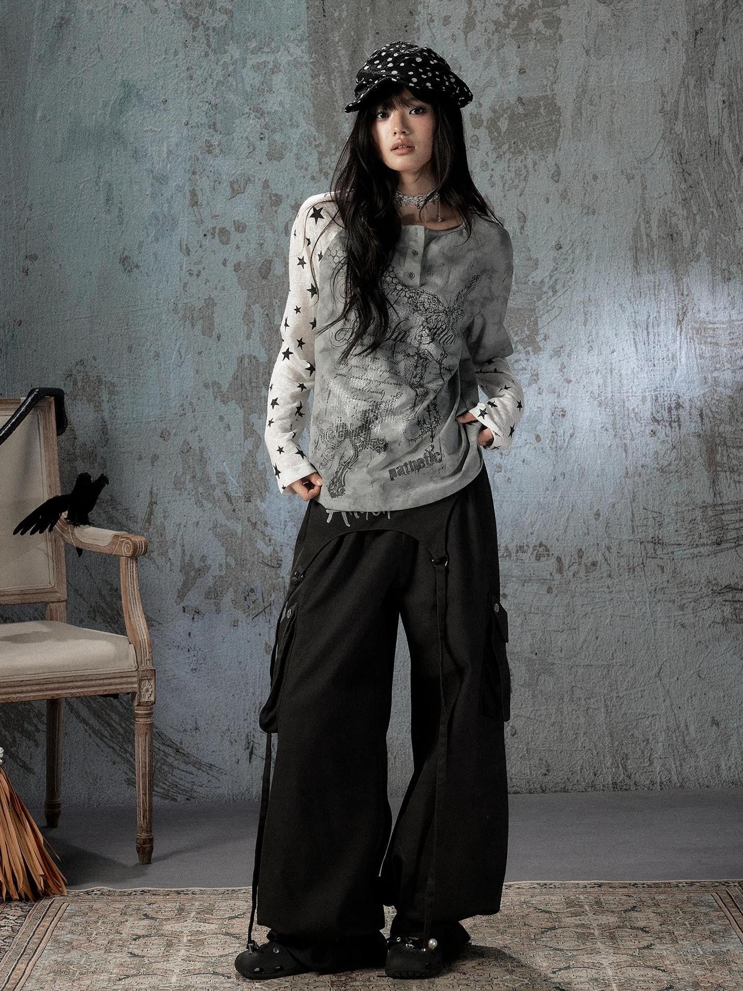 ALL iN plan Tie Dye Printed Raglan Faux Layered Women&