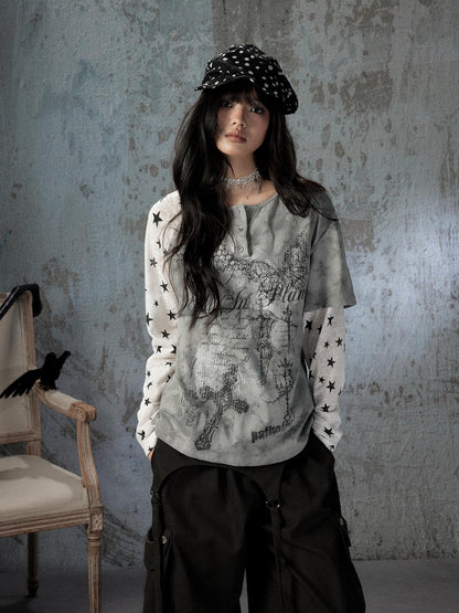ALL iN plan Tie Dye Printed Raglan Faux Layered Women&