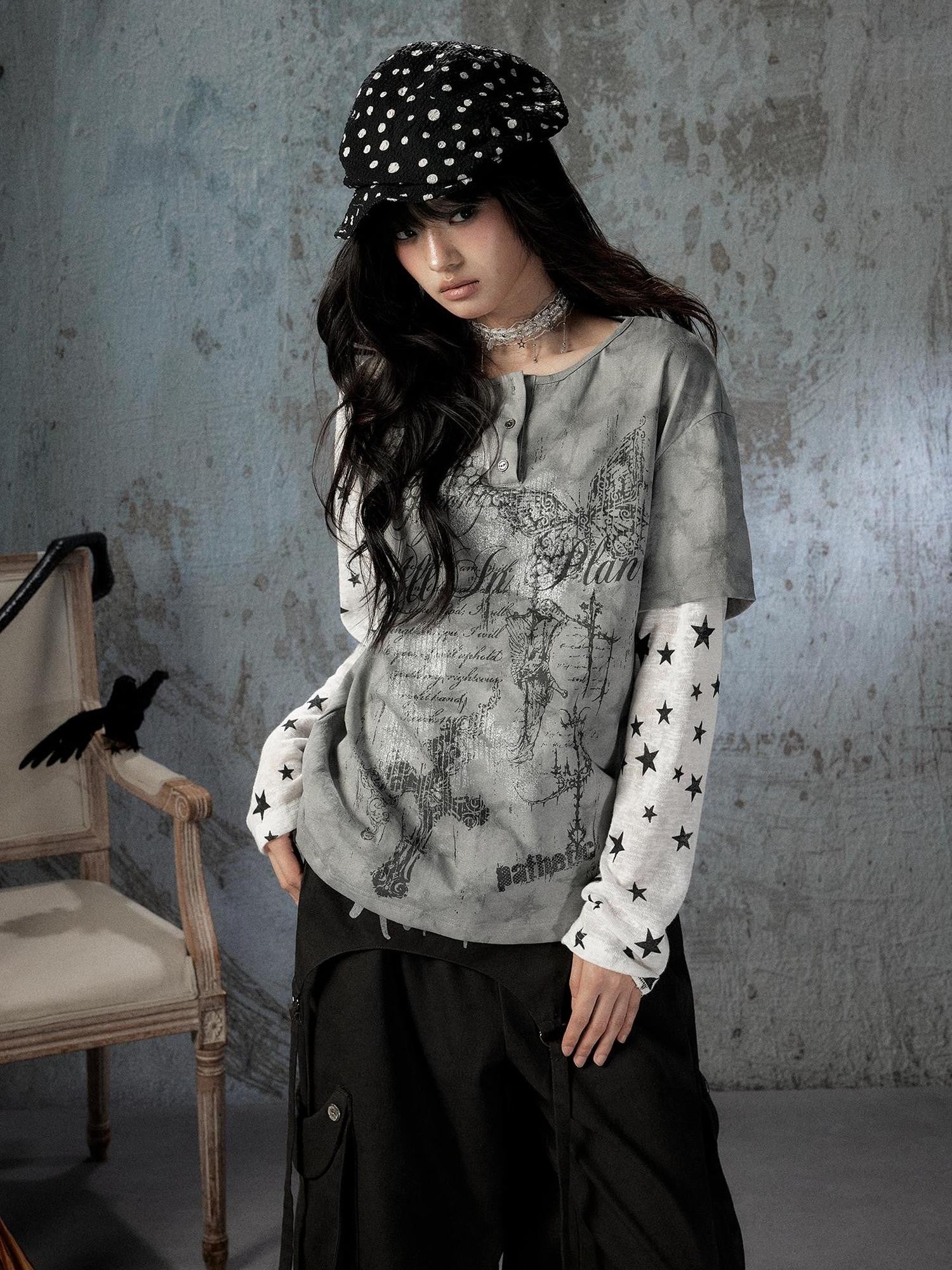 ALL iN plan Tie Dye Printed Raglan Faux Layered Women&