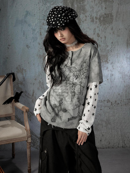 ALL iN plan Tie Dye Printed Raglan Faux Layered Women&
