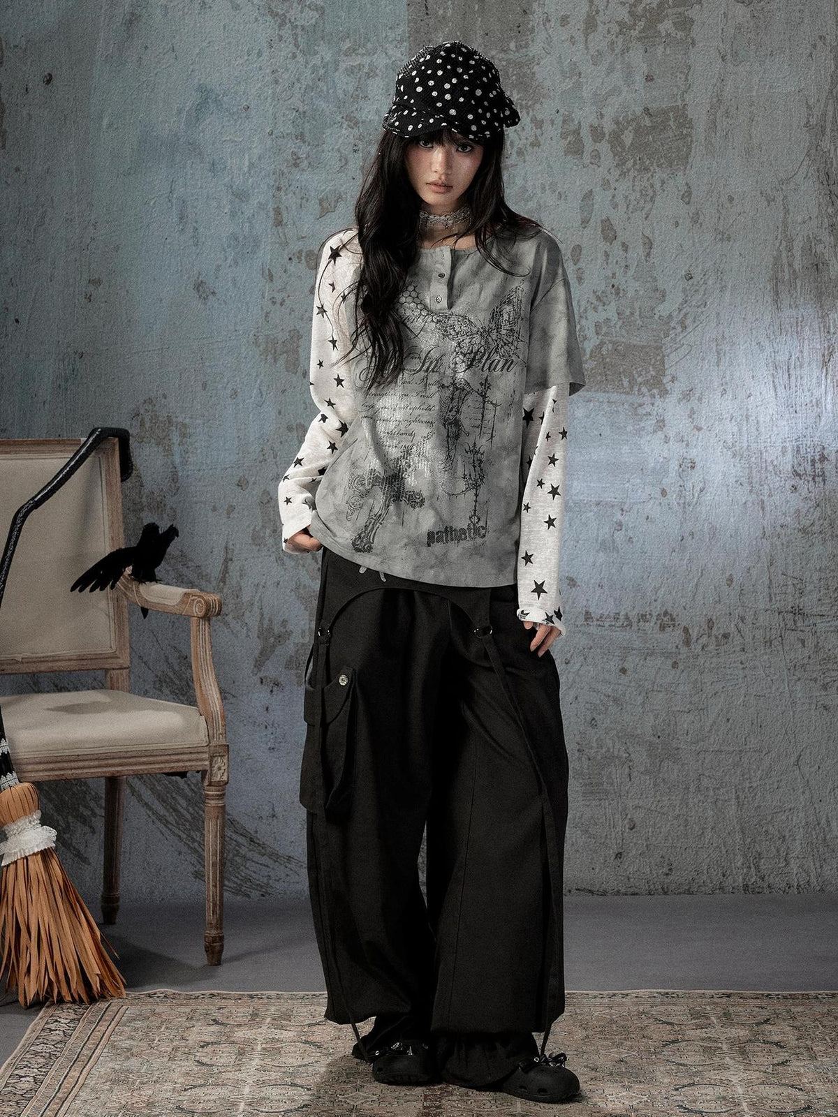 ALL iN plan Tie Dye Printed Raglan Faux Layered Women&