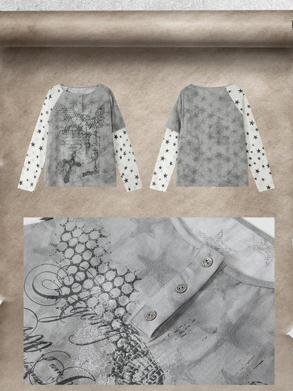 ALL iN plan Tie Dye Printed Raglan Faux Layered Women&