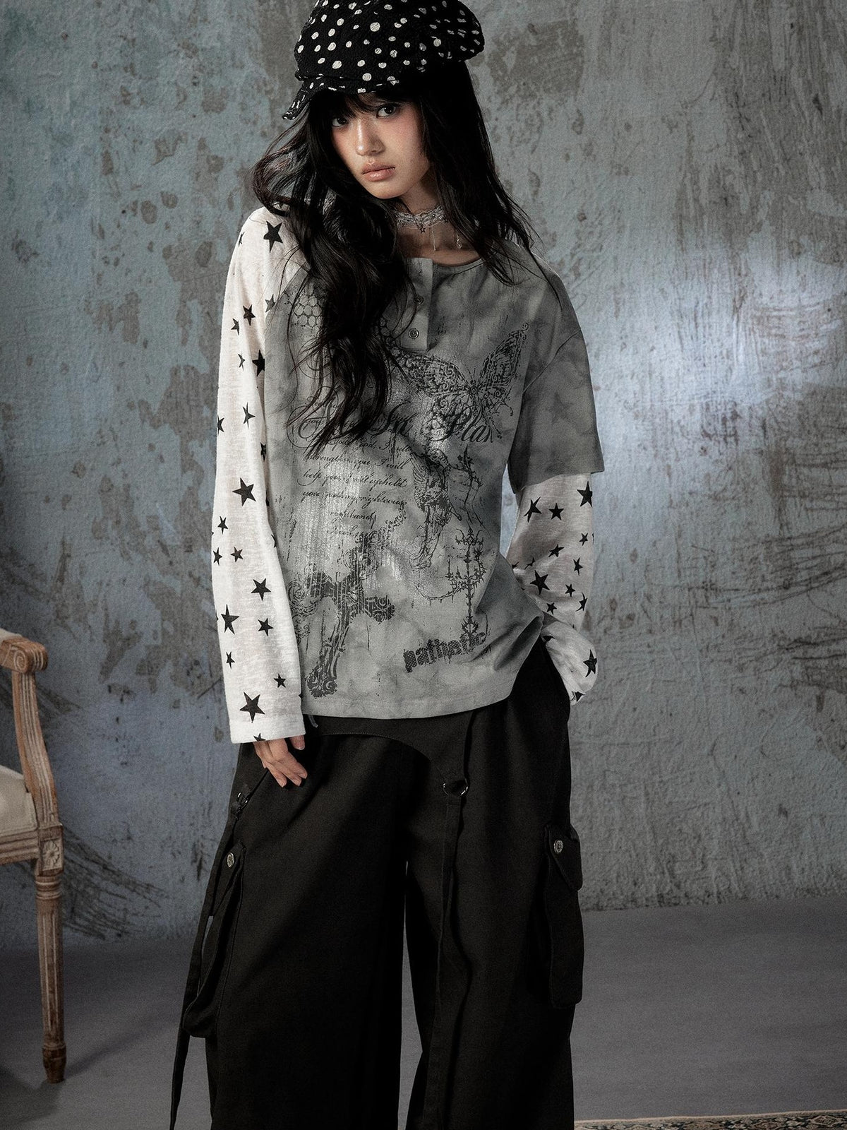 ALL iN plan Tie Dye Printed Raglan Faux Layered Women&