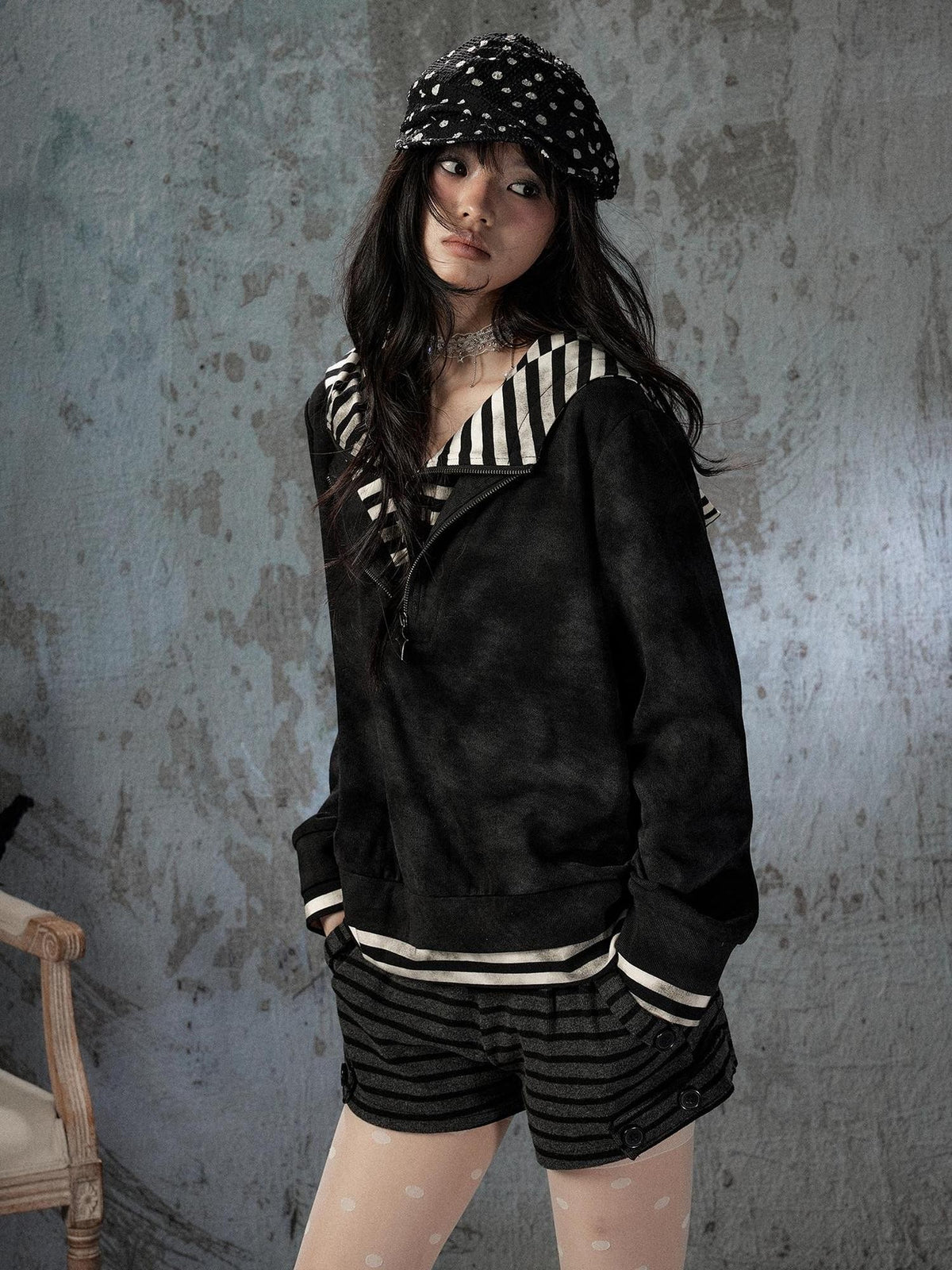 ALL iN plan Tie Dye Striped Half Zipper Loose Women&