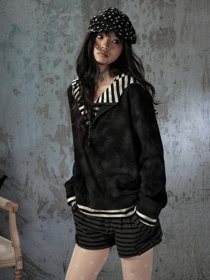 ALL iN plan Tie Dye Striped Half Zipper Loose Women&