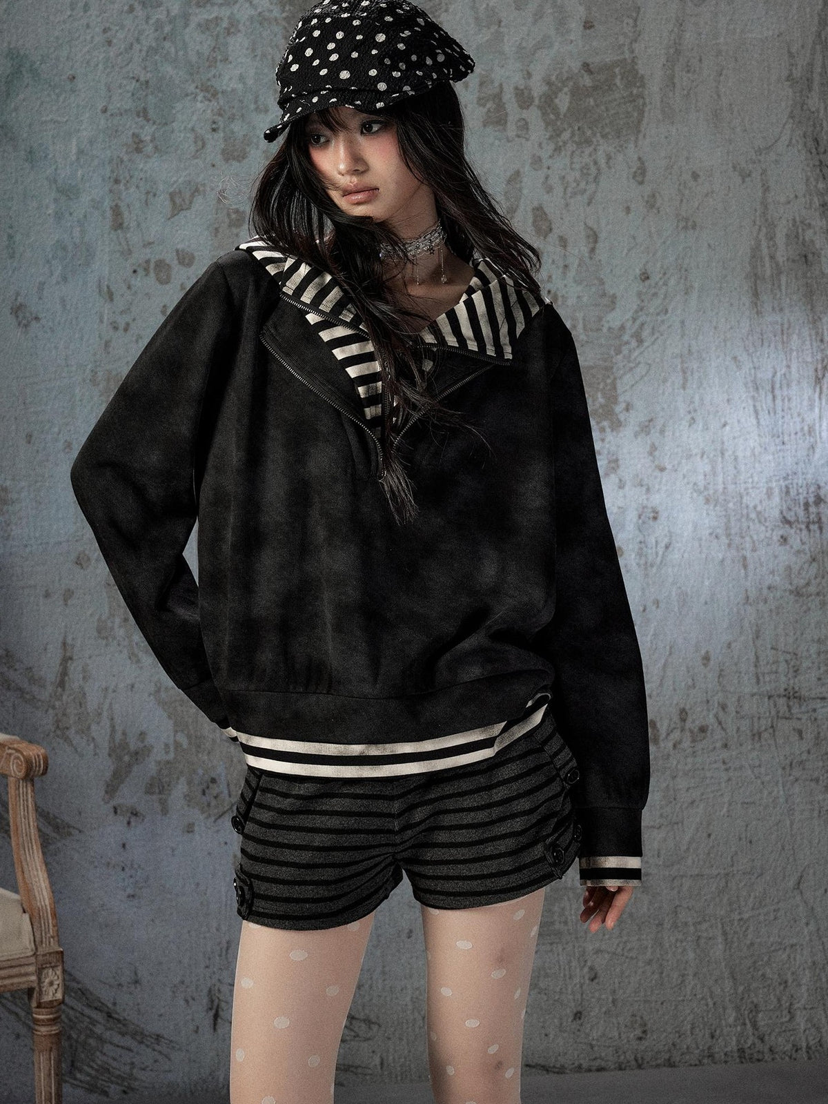 ALL iN plan Tie Dye Striped Half Zipper Loose Women&