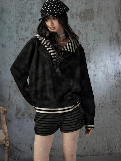 ALL iN plan Tie Dye Striped Half Zipper Loose Women&