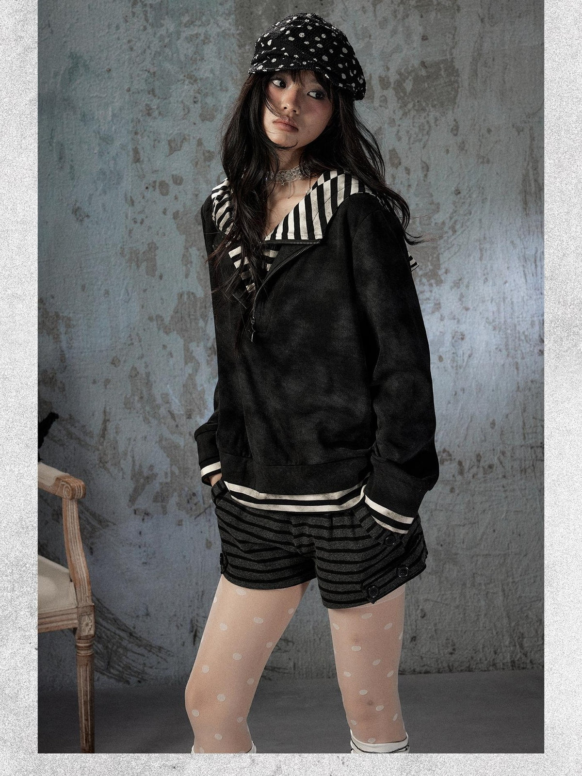 ALL iN plan Tie Dye Striped Half Zipper Loose Women&
