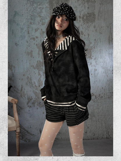 ALL iN plan Tie Dye Striped Half Zipper Loose Women&
