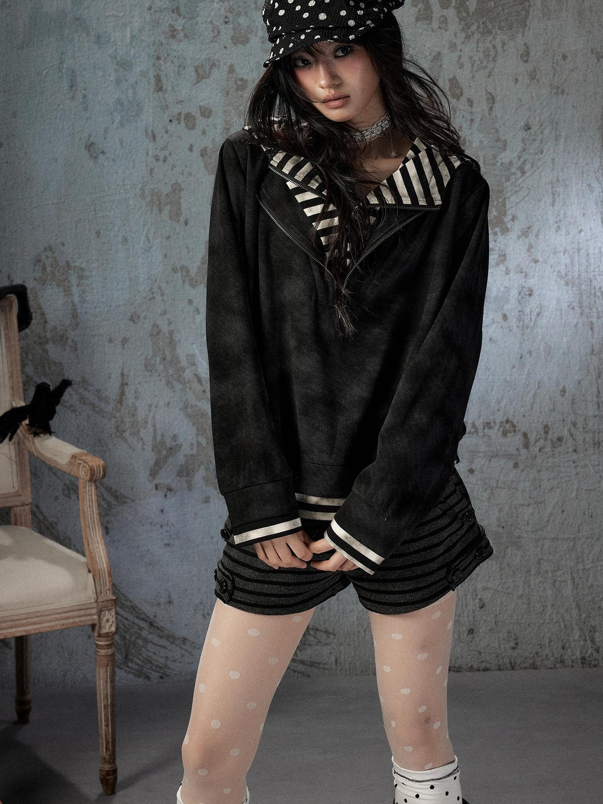 ALL iN plan Tie Dye Striped Half Zipper Loose Women&