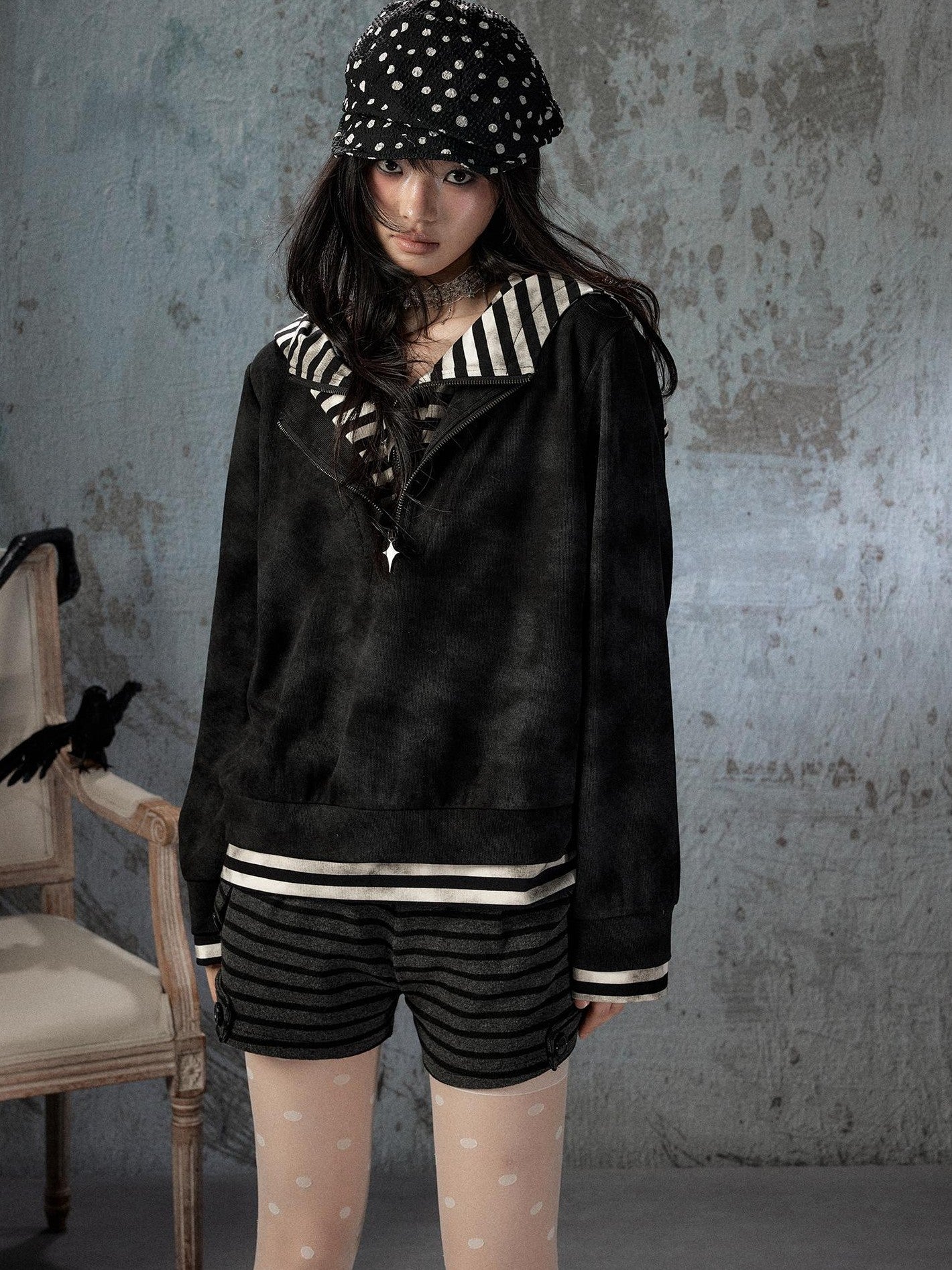 ALL iN plan Tie Dye Striped Half Zipper Loose Women&