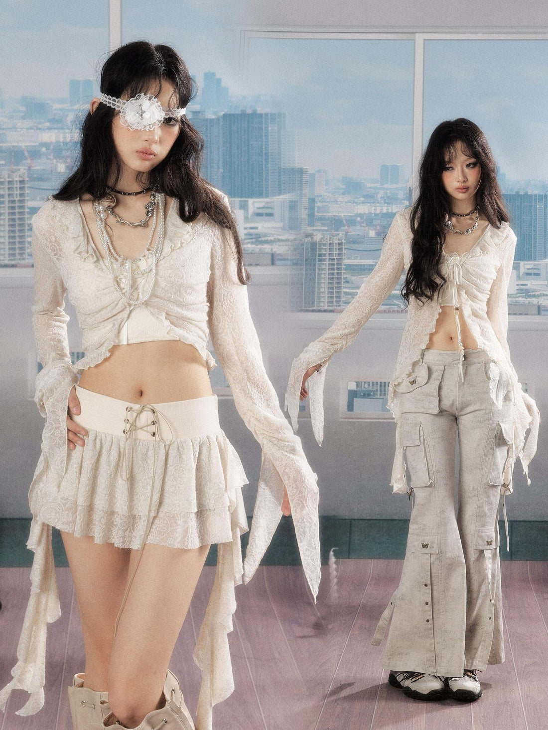 ALL iN plan Uv Protection Linen Ruffle V-neck Slim Fit Cropped Long Sleeve Ivory Blouses