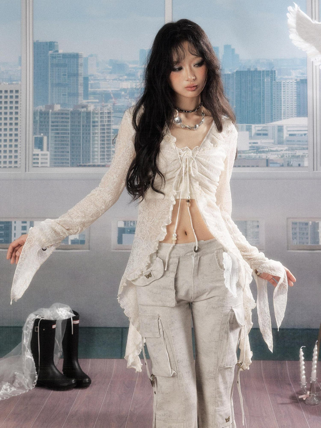 ALL iN plan Uv Protection Linen Ruffle V-neck Slim Fit Cropped Long Sleeve Ivory Blouses