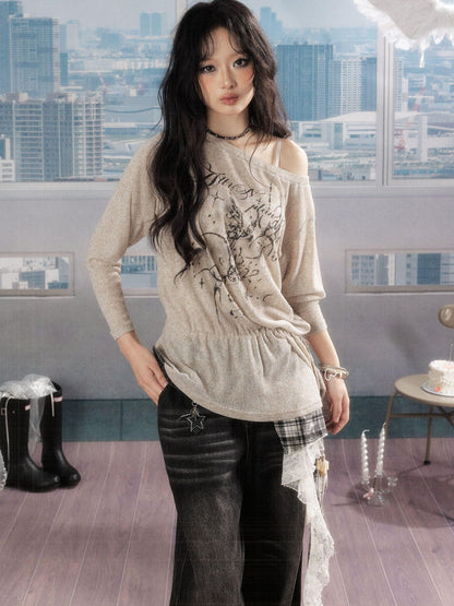 ALL iN plan Uv Protective Loose A Line Sleeve Slanted Neck Women Khaki Long Sleeve T-Shirts