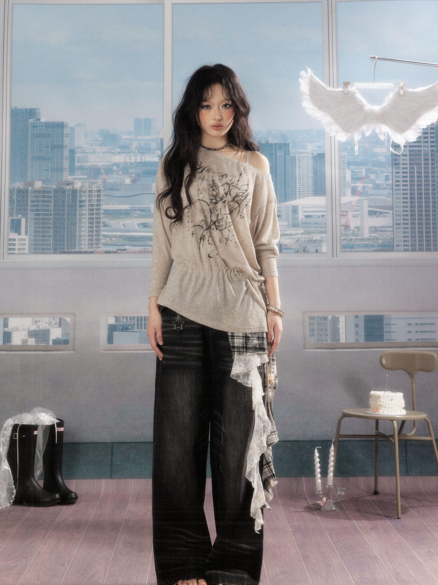 ALL iN plan Uv Protective Loose A Line Sleeve Slanted Neck Women Khaki Long Sleeve T-Shirts