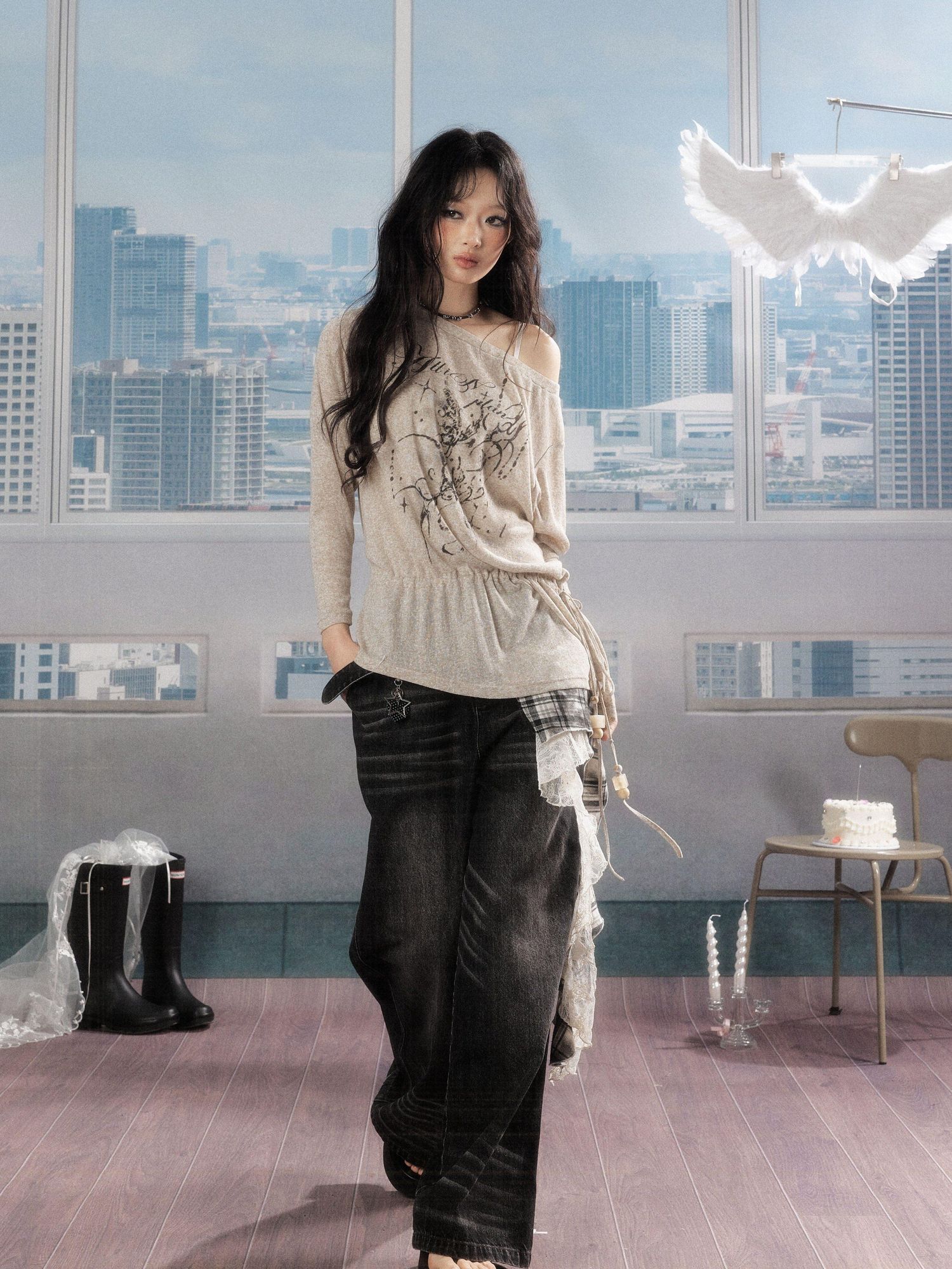 ALL iN plan Uv Protective Loose A Line Sleeve Slanted Neck Women Khaki Long Sleeve T-Shirts